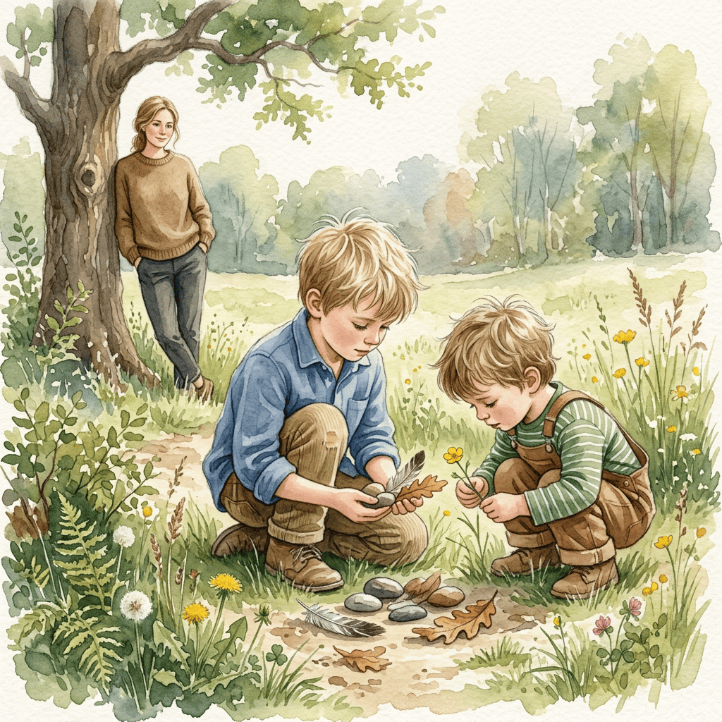 Two children examining leaves and flowers in a meadow while an adult watches nearby