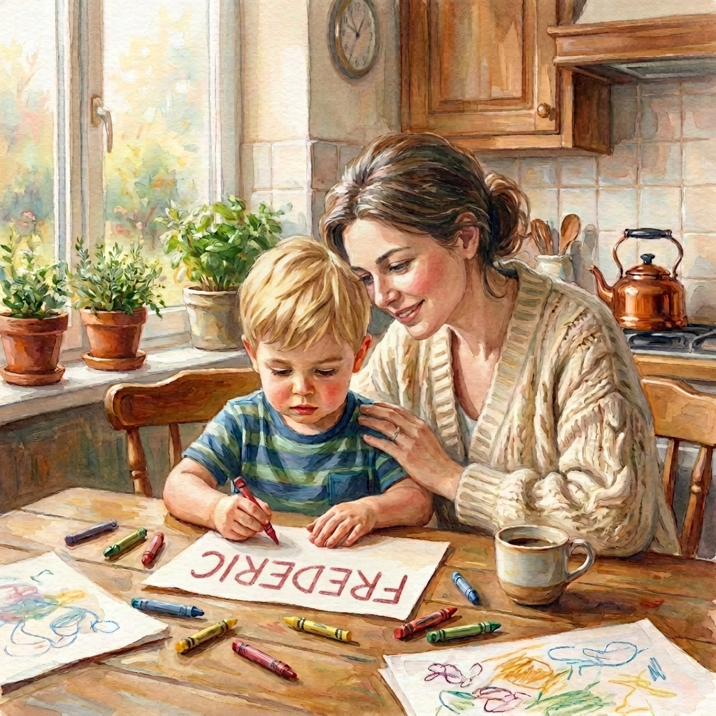 Warm mother-child learning moment at home Mother helping child practice letters at a kitchen table