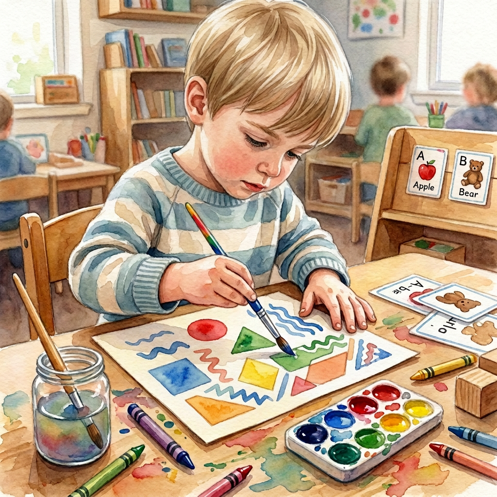 Early literacy art activity in preschool Child painting letters and shapes at a preschool art table