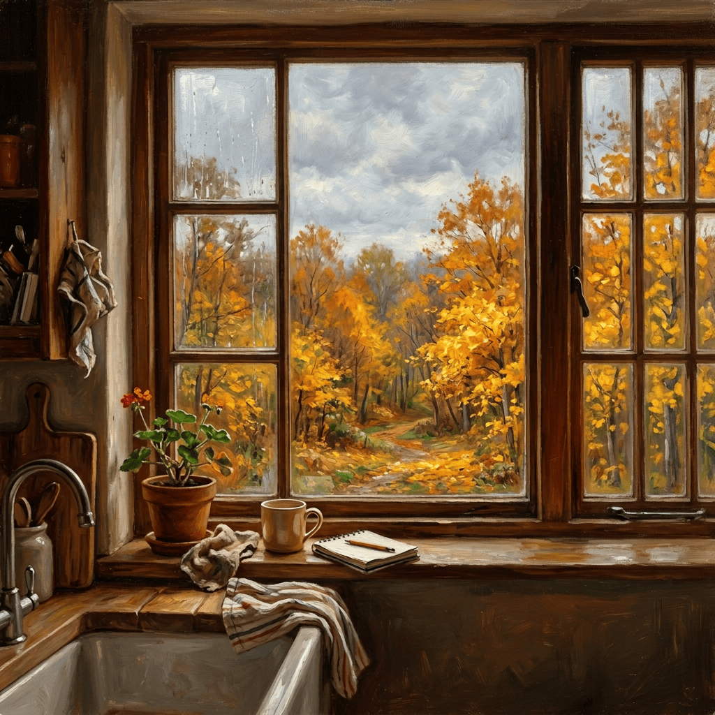 Person gazing through a kitchen window at an autumn forest
