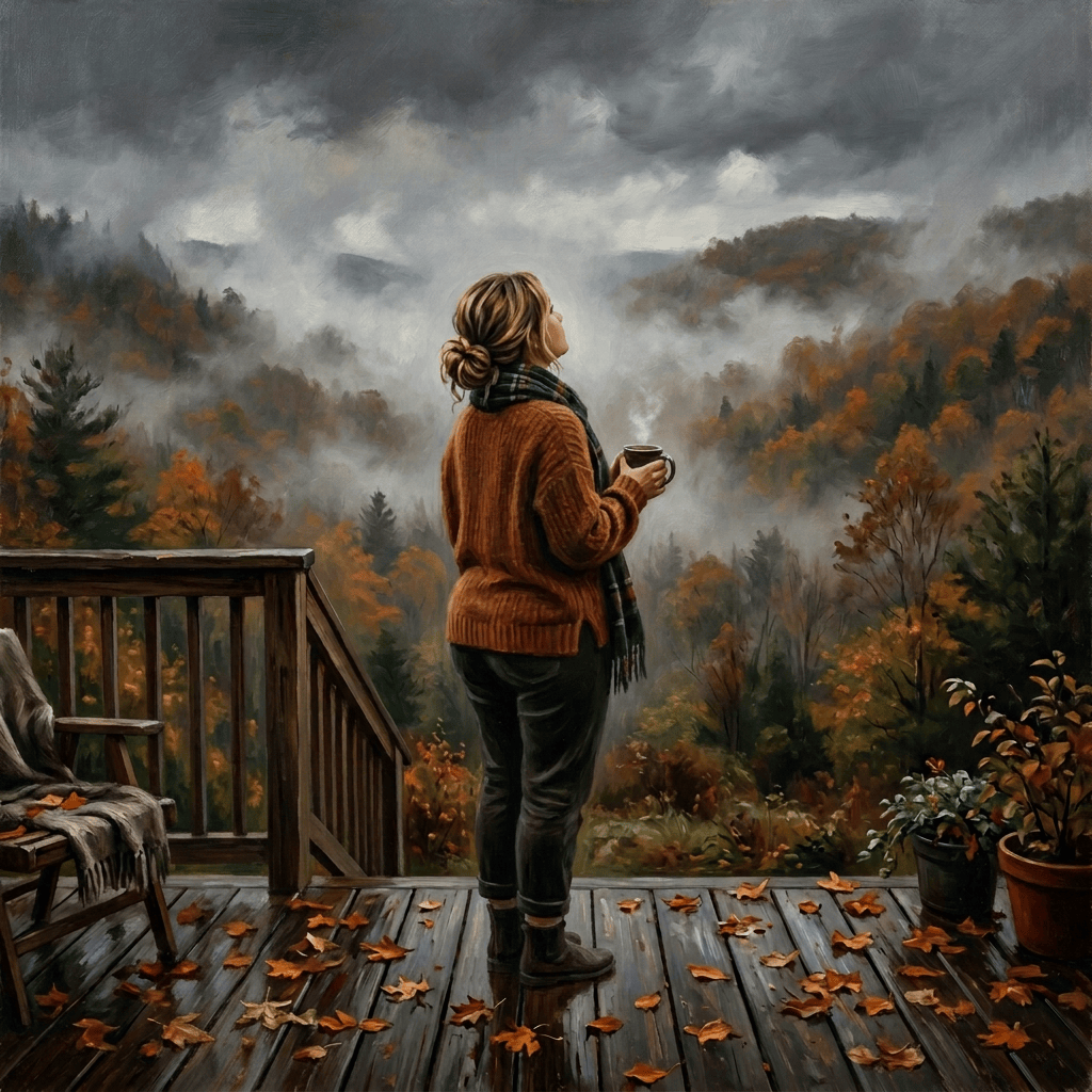 Woman holding coffee on a deck overlooking misty autumn mountains