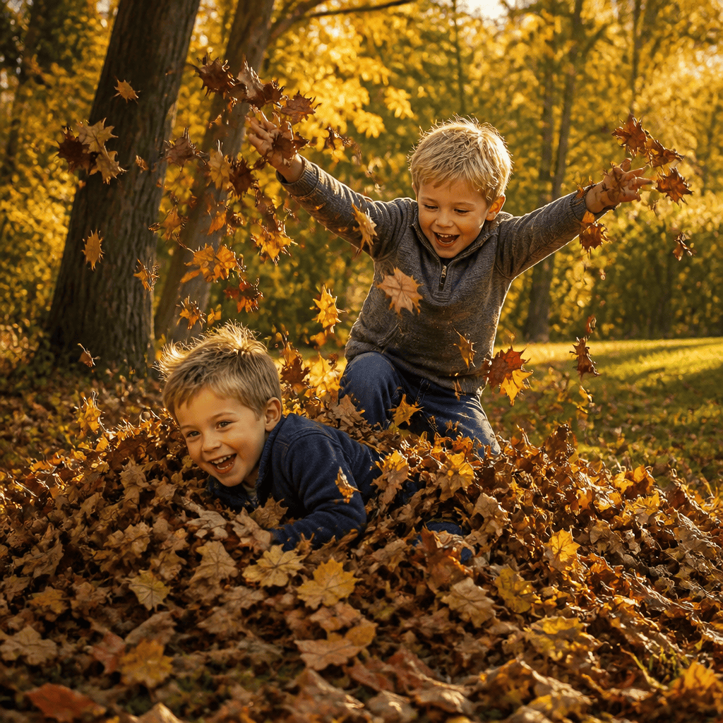 Two children playing among fallen autumn leaves in a forest