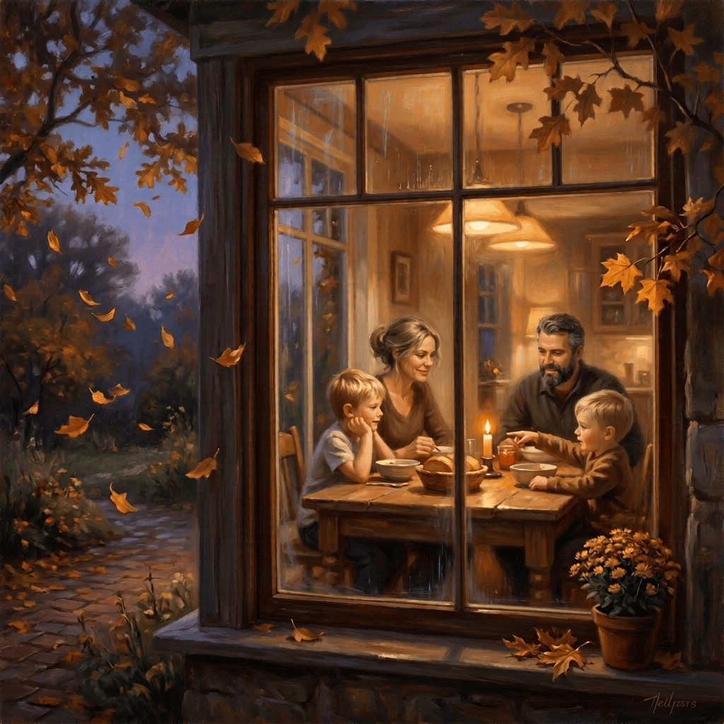 Family sharing a candlelit dinner inside on an autumn evening