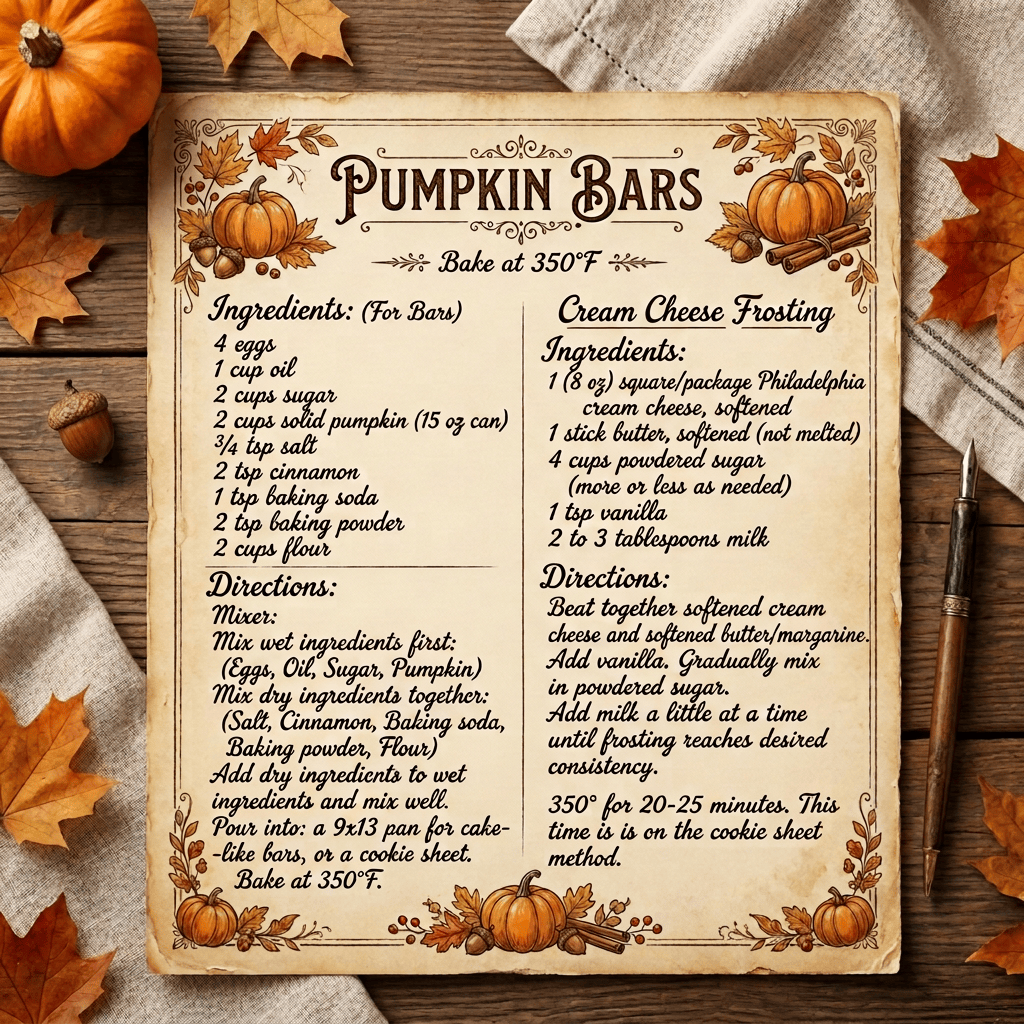 Recipe card titled “Pumpkin Bars,” with ingredients and directions for bars and cream cheese frosting; bake at 350°F.