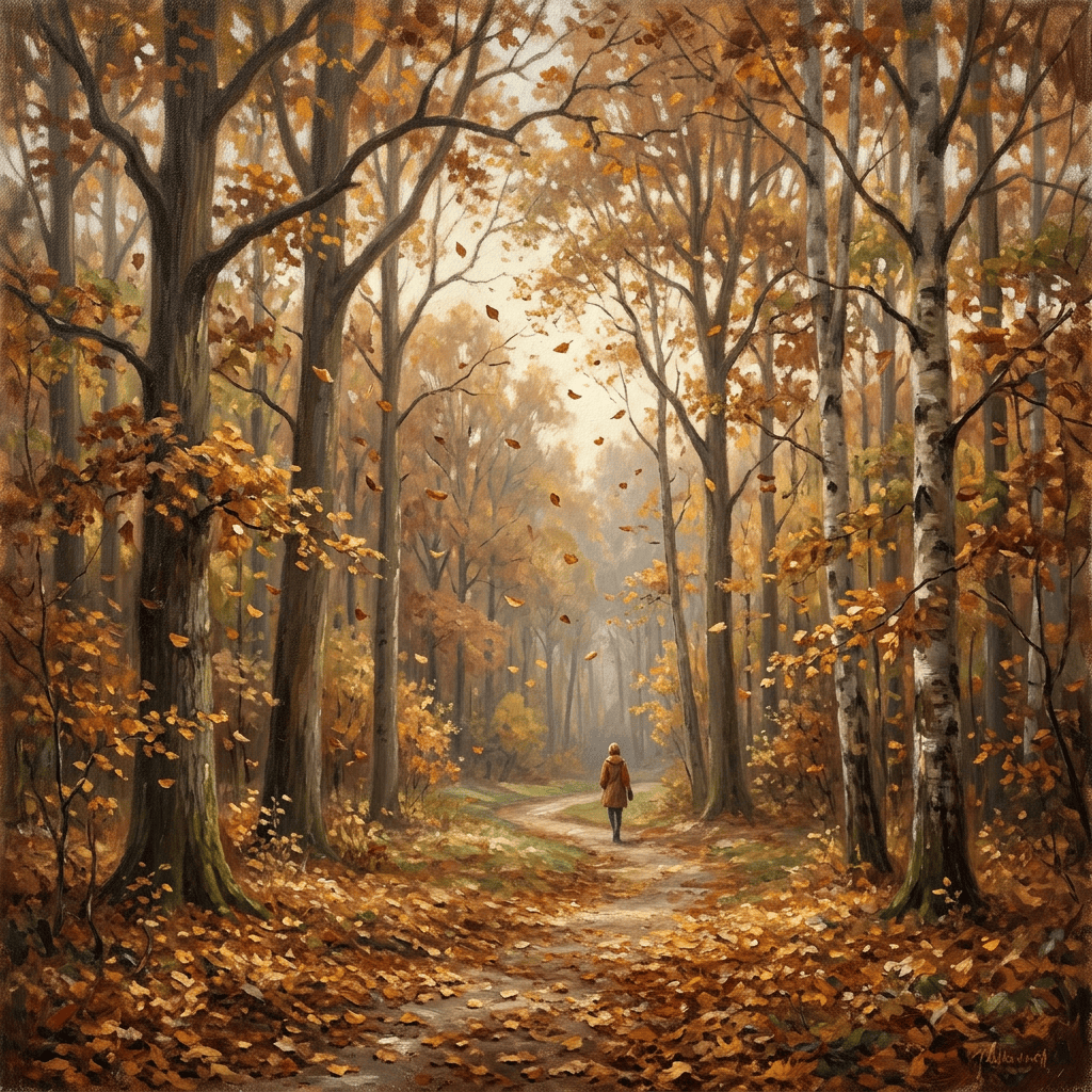 Person walking along a leaf-covered path through an autumn forest