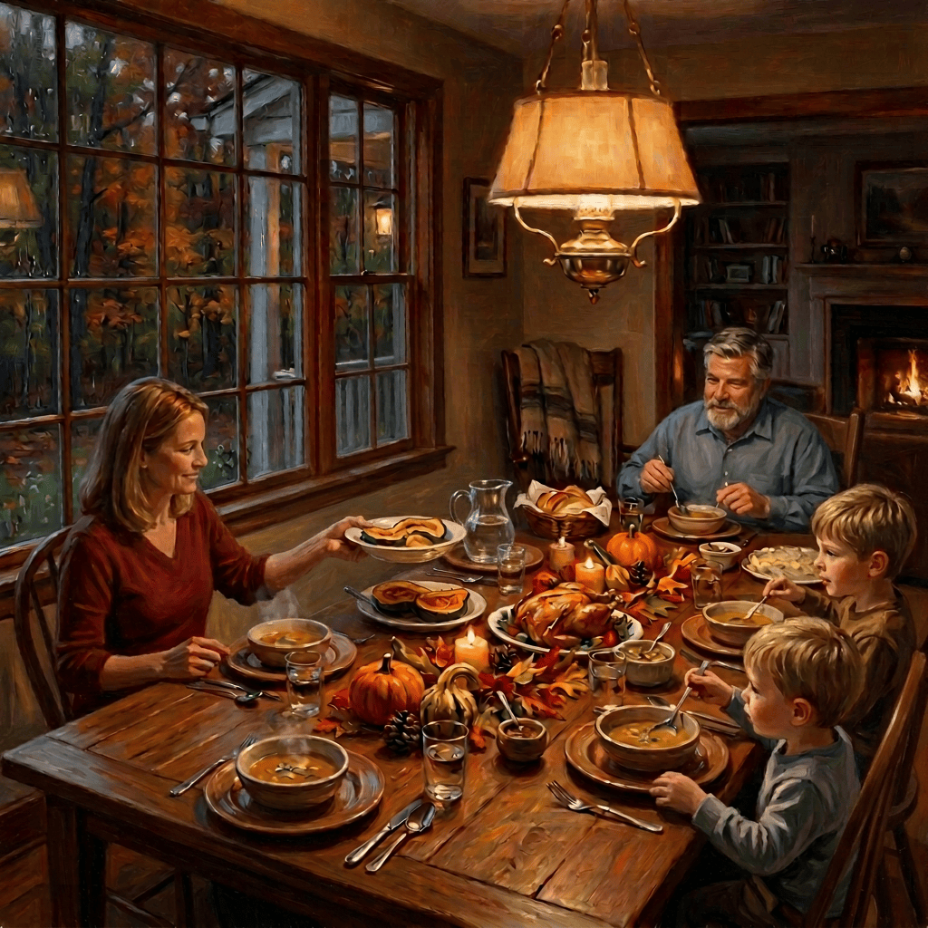 Family and friends sharing an autumn dinner beside a fireplace