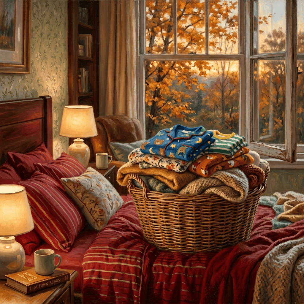 Wicker basket of blankets on a bed beside lamps and autumn trees